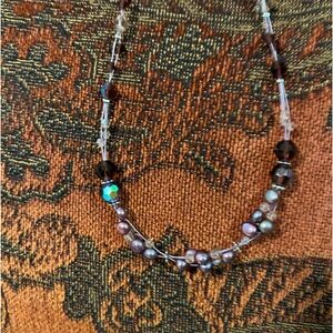 VTG RED AB Beaded Necklace Purple Pink Pearls Pink AB Crystal Silver Wire 16”+3”